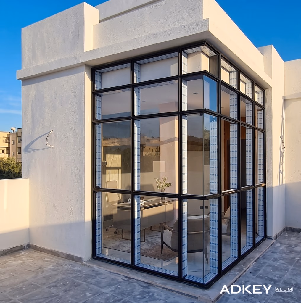 Véranda d'angle en mur-rideau VEP à trame aluminium noire sur une terrasse à Tanger — Aluminium Tanger